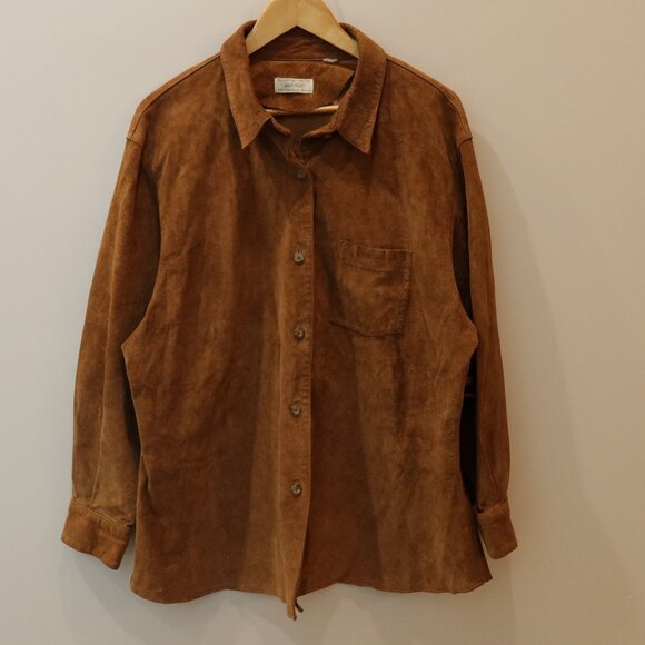 VINTAGE lord taylor suede leather shirt jacket button tan L western equestrian - Picture 1 of 12